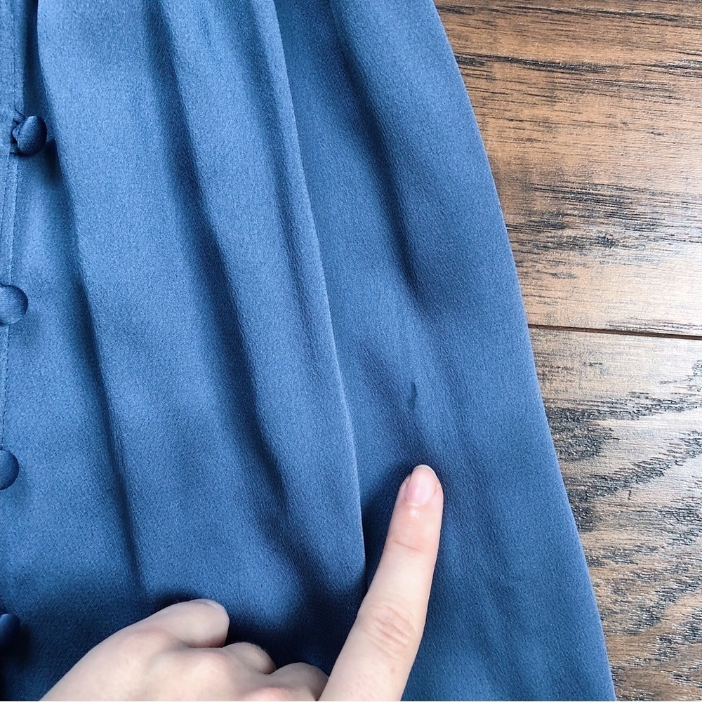 Kate Spade • Belted Satin Midi Dress ruffle trim short sleeve Antique Blue - Picture 9 of 16
